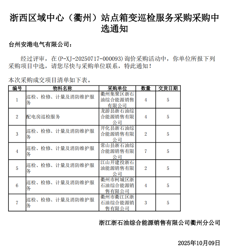 喜报！台州安港电气有限公司中标浙西区域中心（衢州）站点箱变巡检服务采购项目